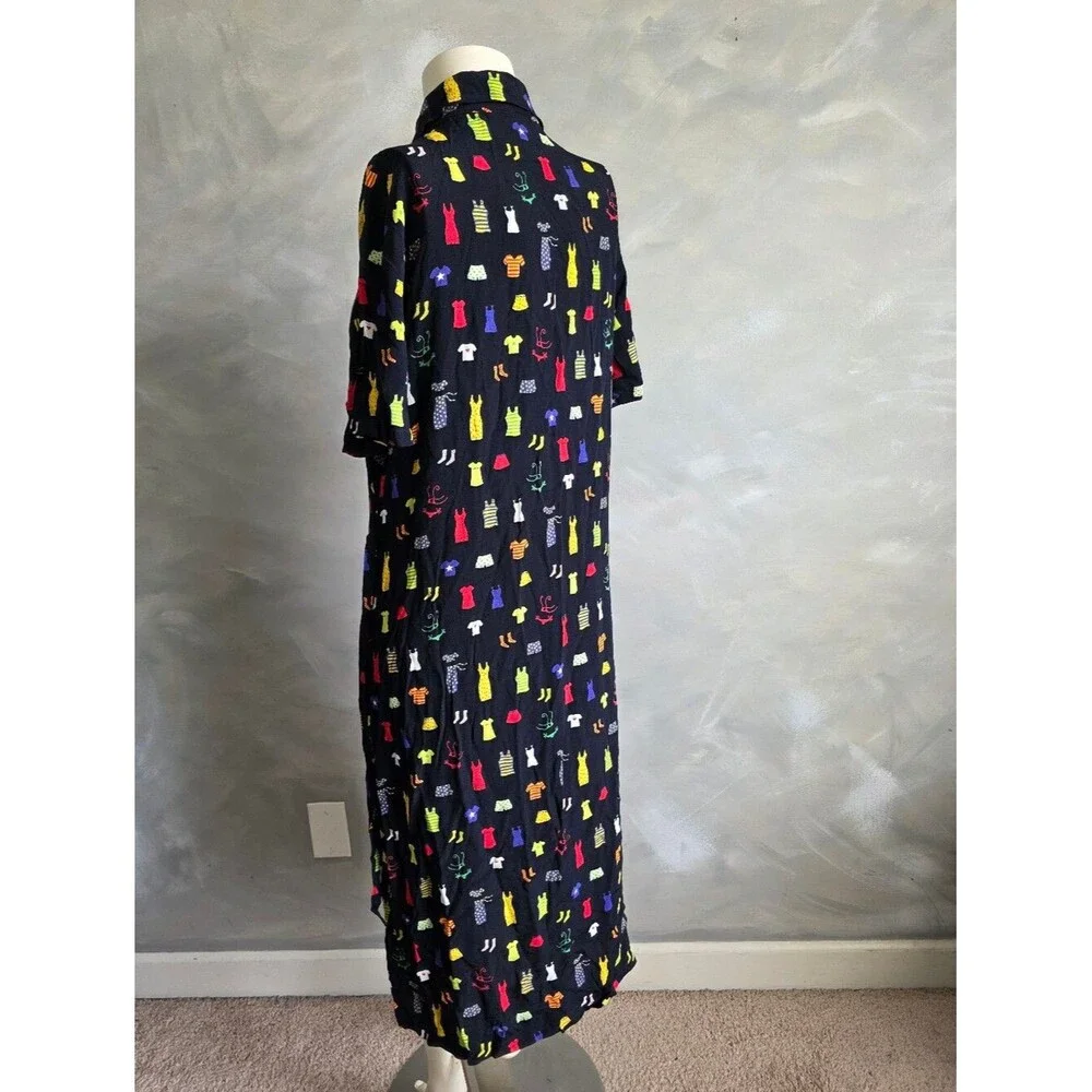 Vtg 90s David Dart Black Button Up Novelty Print Multicolor Dress Sz L Collar